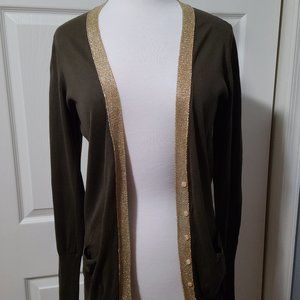 "J. Crew Olive Green Light Weight Cardigan W/Gold Trim Placket"